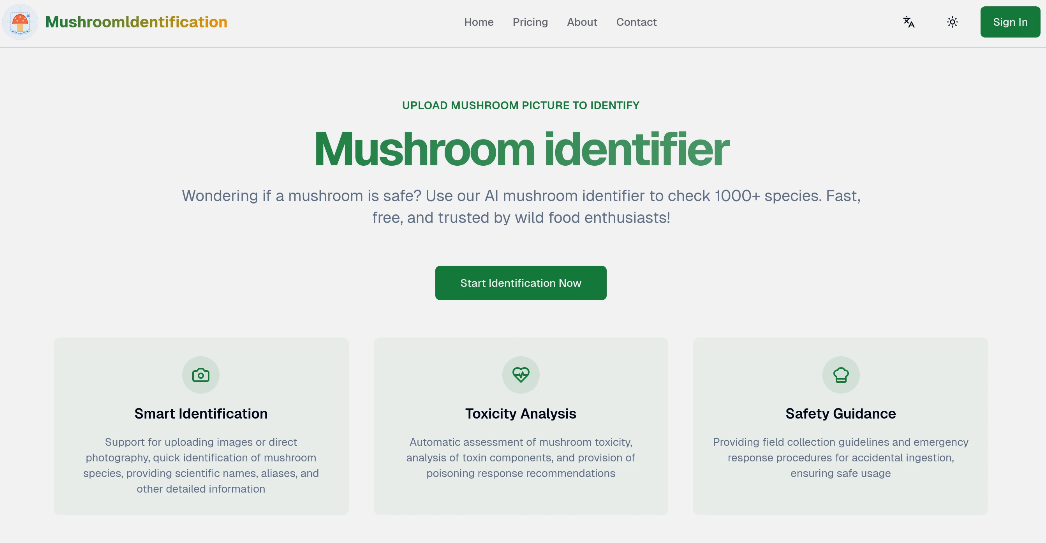 Mushroomldentification: AI quick identification of mushroom species, providing toxicity analysis and safety guidance