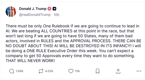 TRUMP WILL SIGN AN EXECUTIVE ORDER ESTABLISHING THE UNITED STATES “UNIFORM RULES” IN THE AI FIELD, RESTRICTING THE SEPARATE STATES