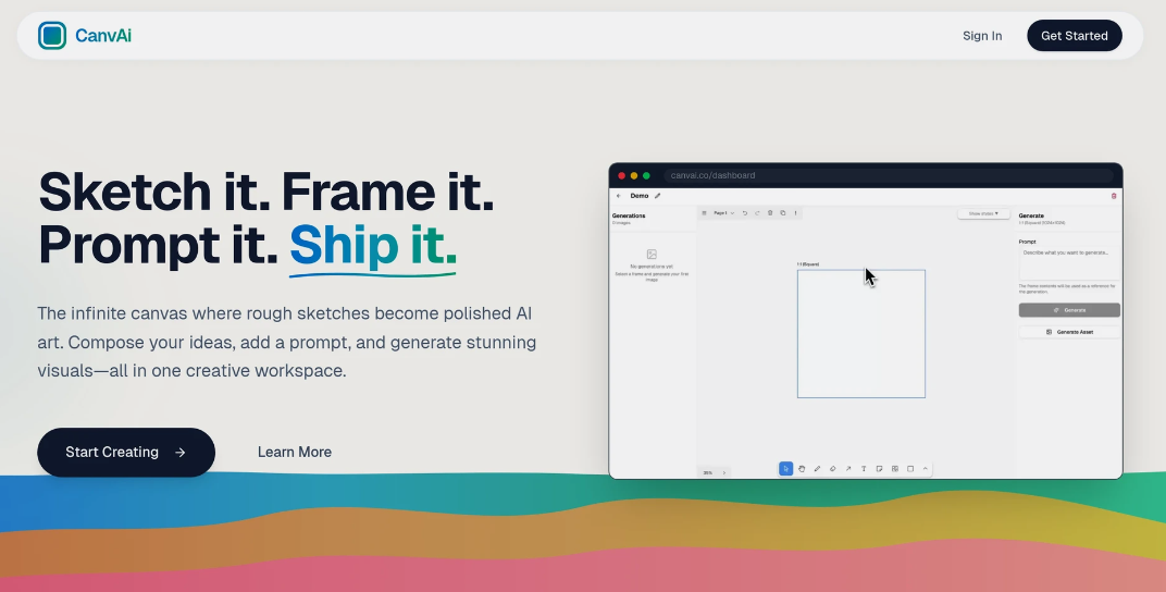 CanvAi: A creative tool for transforming sketches into AI images, providing an unlimited canvas, drawings, style presets, and quickly generating high-resolution images