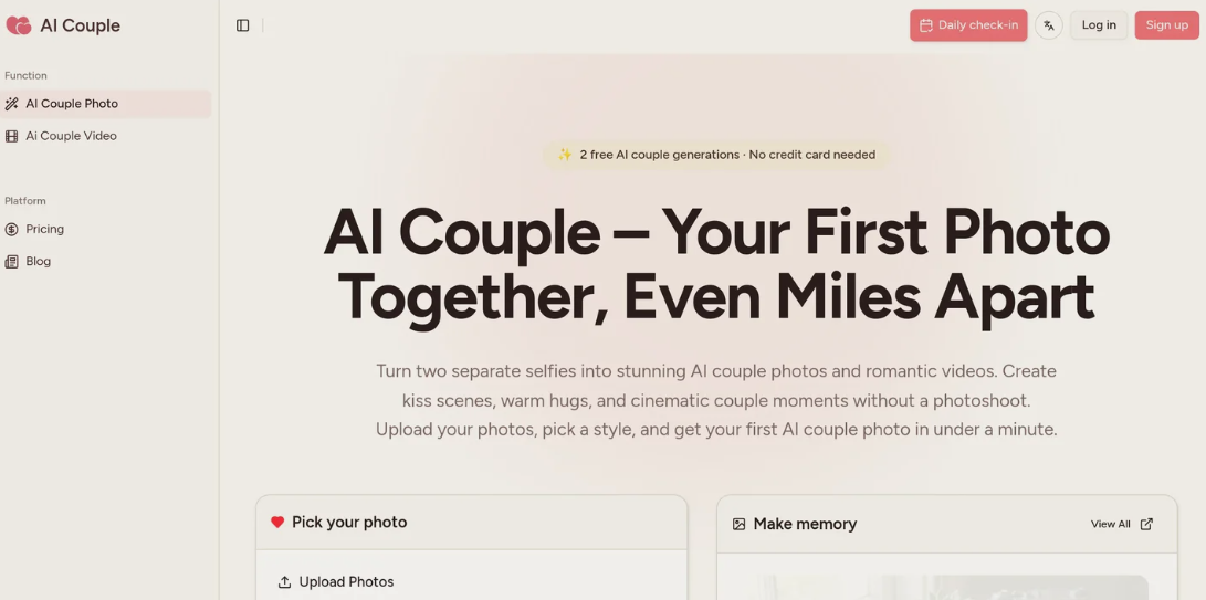 AI Couple: A photo and video production tool that quickly produces a video of a true couple taking pictures, kissing and hugging