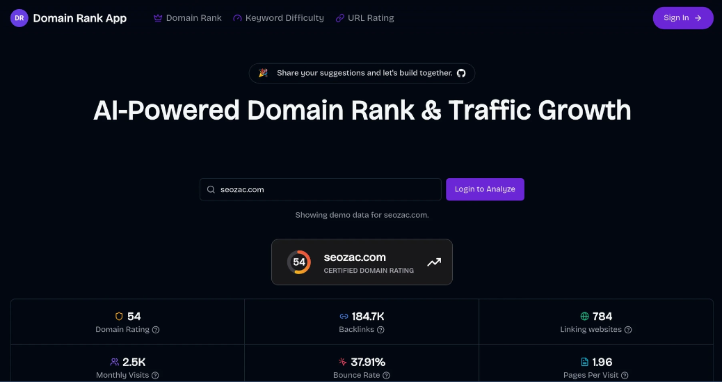 Domain Rank App: Domain Name ranking application, AI analysis of domain name ranking, keyword difficulty, URL rating etc. SEO data