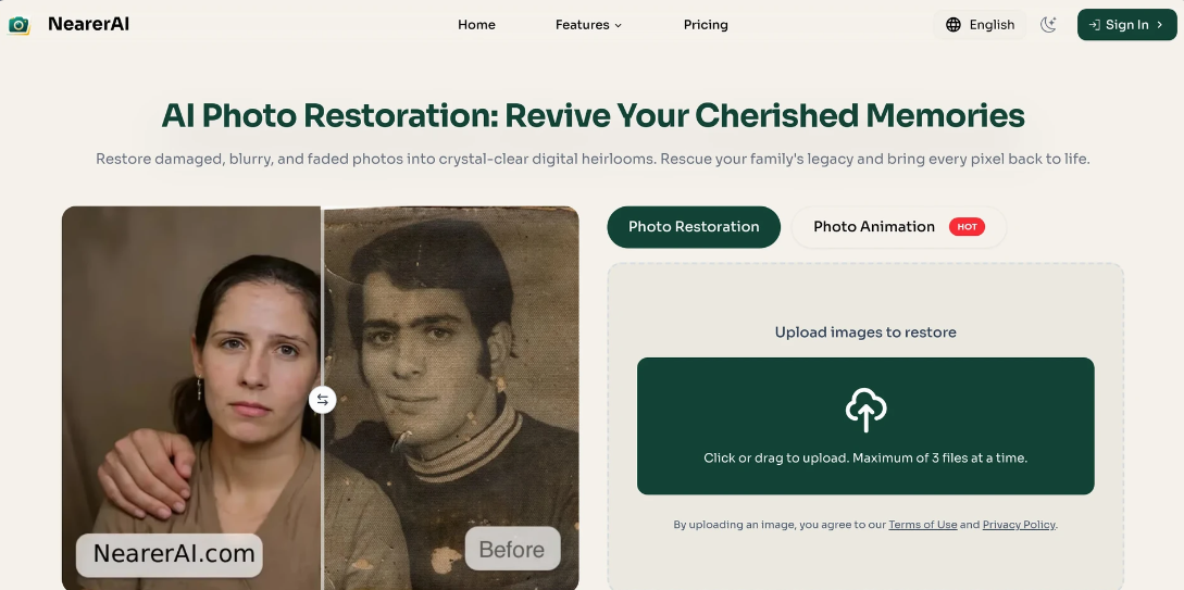 NearerAI: AI Photo Restoration Tool to provide restoration of old photographs, removal of scratches, colour enhancement, etc