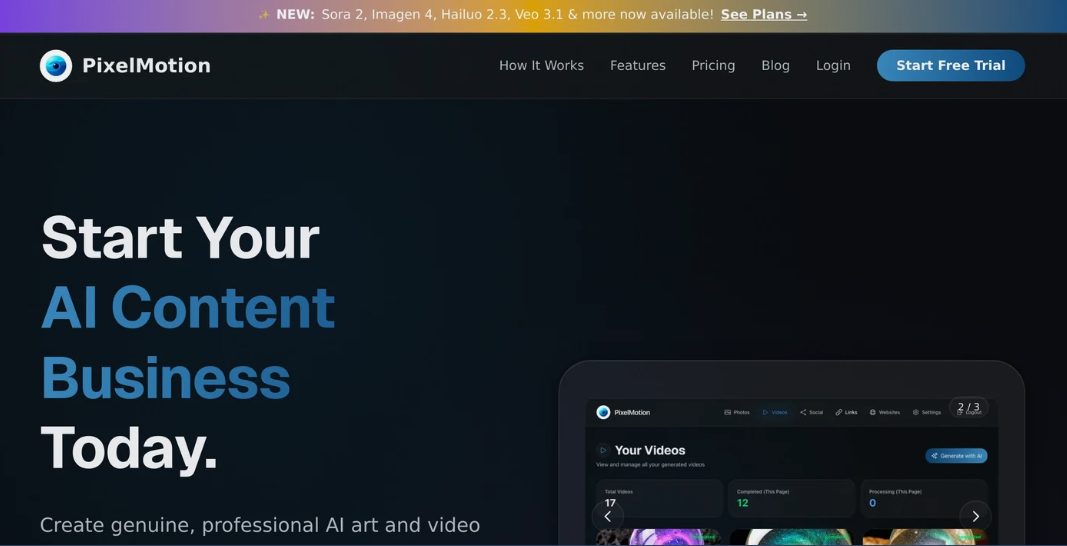 PixelMotion: An AI tool to convert photos into professional marketing videos that provide photo enhancement, video generation, and direct to social media