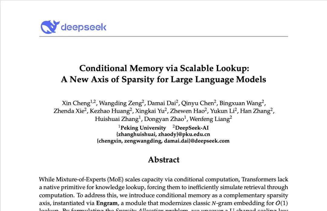 梁文锋署名新论文曝光：DeepSeek V4 或引入全新记忆架构