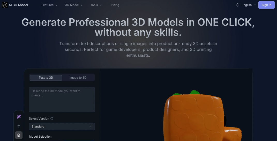 AI 3D Model：AI 3D模型生成器，将文字或图片转化为高质量、可用于生产的3D模型