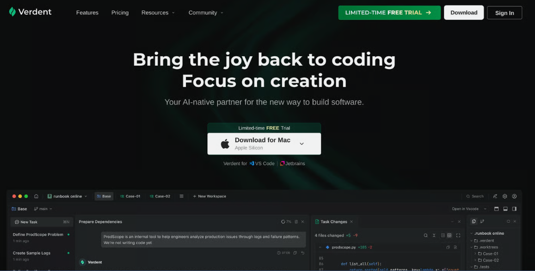 Verdent：一款专为构建软件而生的AI编码工具，提供多代理并行编码功能