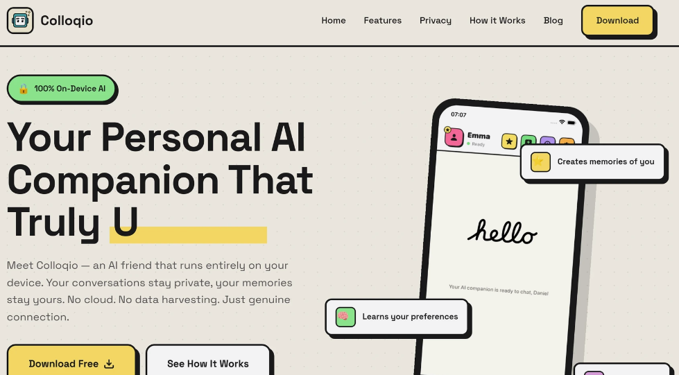 Colloqio: an AI partner operating at the end of the device with no account number, offline