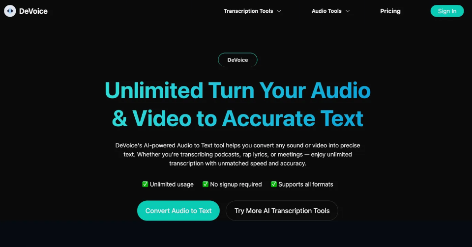 DeVoice：AI转录工具，提供AI驱动的音视频转录、降噪、生成歌词等功能
