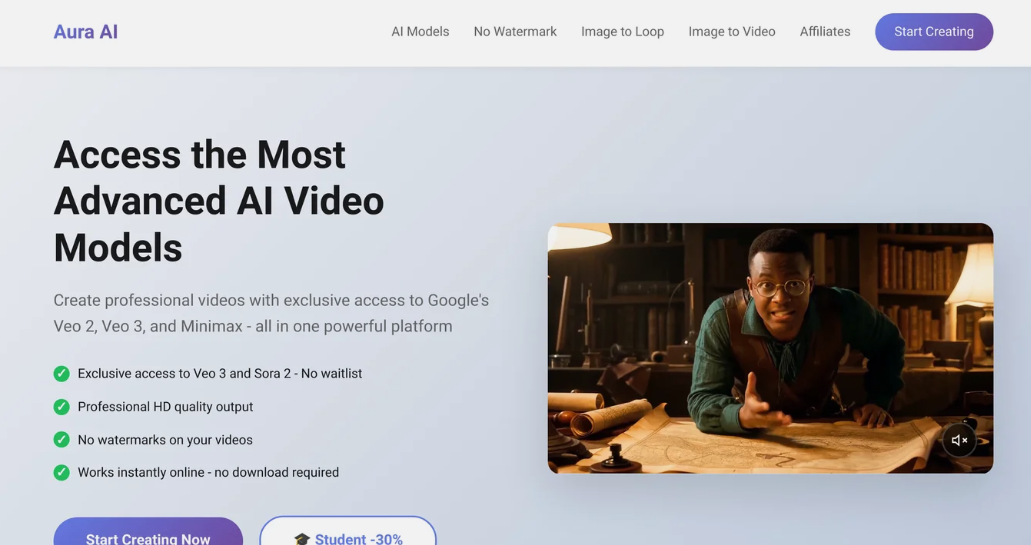 Aura AI: AI Video Generation Platform, which provides AI video models for Google Veo 2, Veo 3 and Minimax