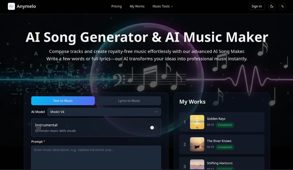 Anymelo：AI 音乐生成器和歌曲创作工具，可将文本和歌词转化为专业级音乐