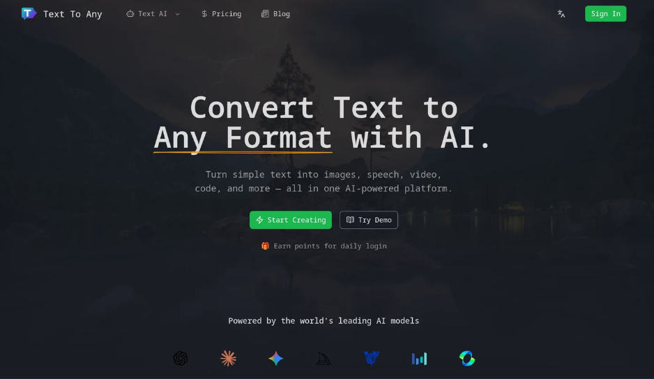 Text To Any：一款将文本转化为图像、语音、视频等多种形式的AI平台