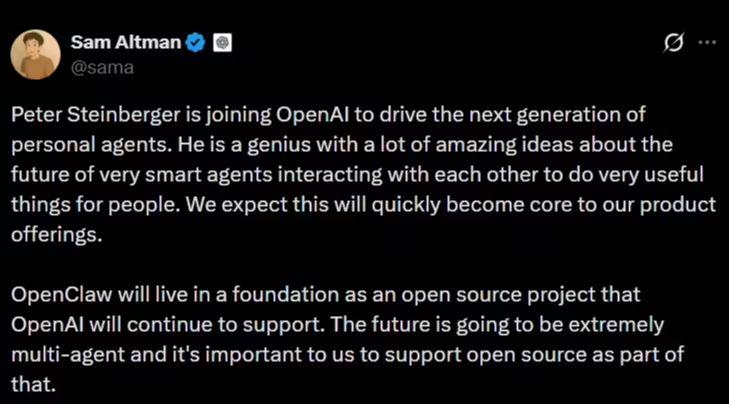 奥尔特曼官宣 OpenClaw 之父 Peter Steinberger 加盟 OpenAI，推动下一代个人智能体开发