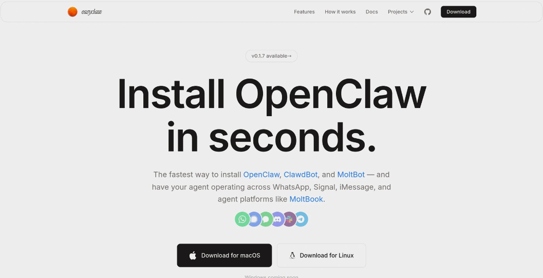 bae1e8bdj00t9tt7h004dd000td00f1p EasyClaw:AI助手工具,简化OpenClaw、ClawdBot 和 MoltBot 的安装流程
