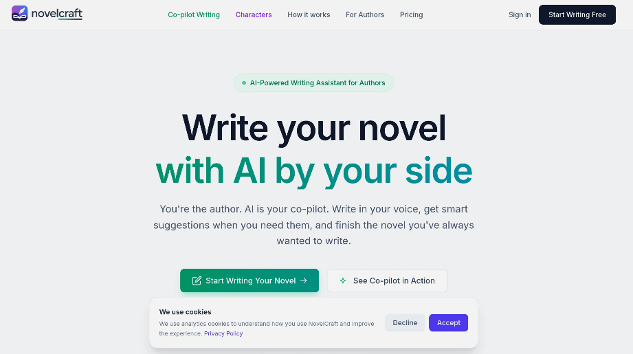 NovelCraft：专为作家设计的 AI 写作助手，提供 AI 辅助、角色库、书籍封面生成等功能