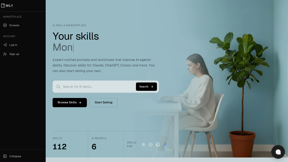 f484348ej00ta8ho50085d000qs00f4p Skly:AI技能、提示和工作流的交易平台,供用户发现和销售 AI 技能、提示和工作流程