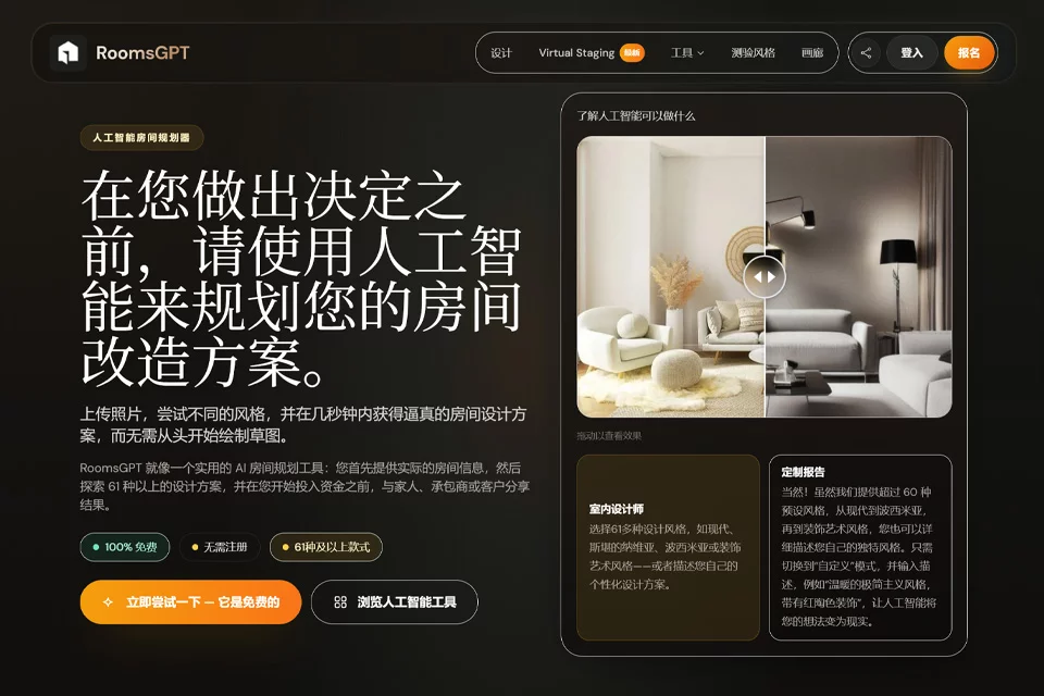 RoomsGPT: free AI room planning and interior design tools, immediate design proposals and redesign impact maps