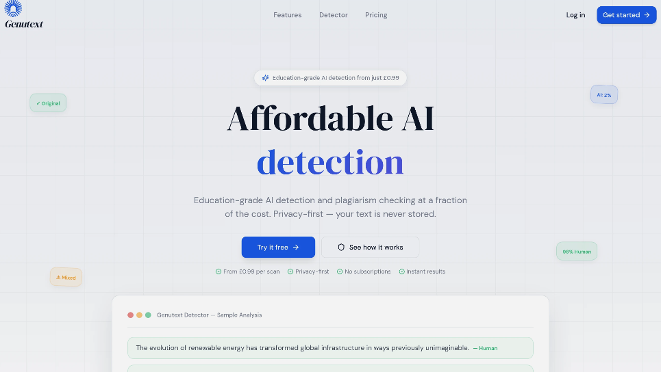 Genutext：AI检测和抄袭检查工具，提供快速且准确的AI生成内容检测和查重服务