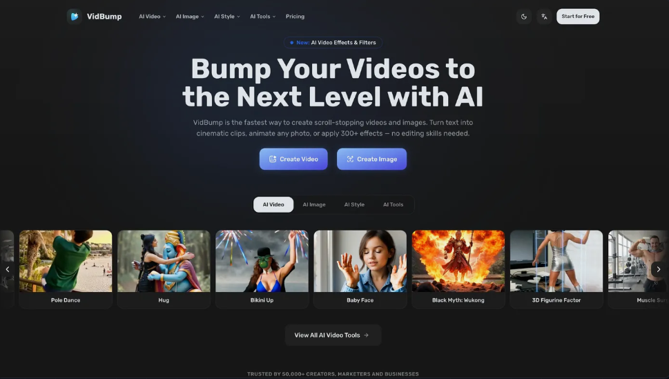 VidBump：AI视频和图像创作平台，从文本创建电影片段、动画照片、应用300多种风格并使用100多种编辑工具