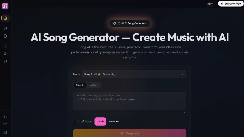 SongAI：免费AI歌曲生成器，提供歌词、旋律和人声生成