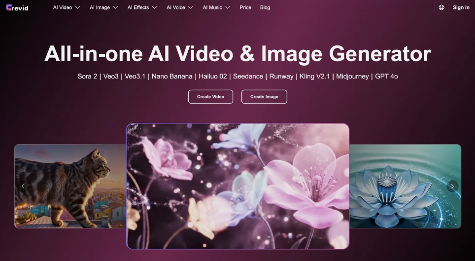 Crevid：AI视频和图像生成器，提供文本到视频、图像到视频、图像到图像等多种功能