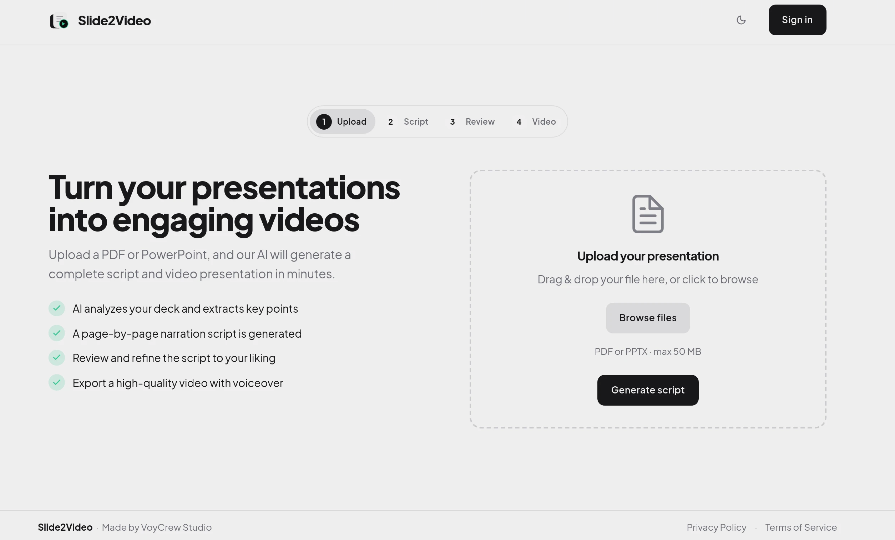 Slide2Video: a PDF or PPT converted to a video tool to produce a complete script and video presentation in minutes