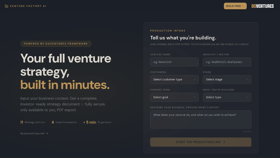 Venture Factory AI：创业策略生成工具，快速生成全面的、投资者就绪的创业战略文档