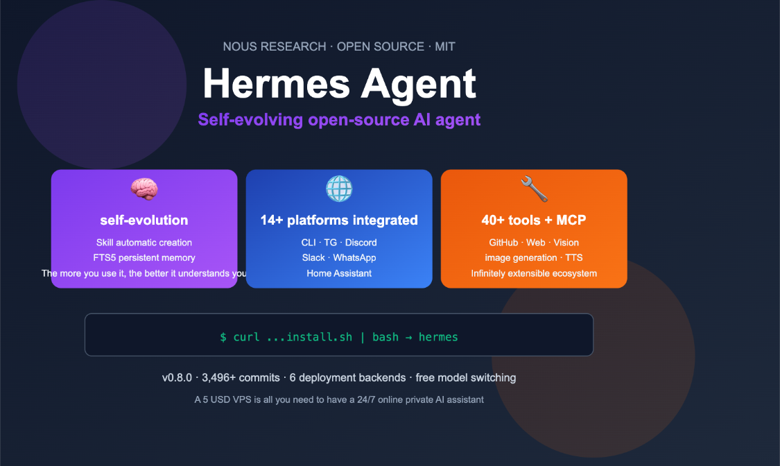 Hermes Agent：免费开源AI 智能体框架，越用越聪明的AI Agent