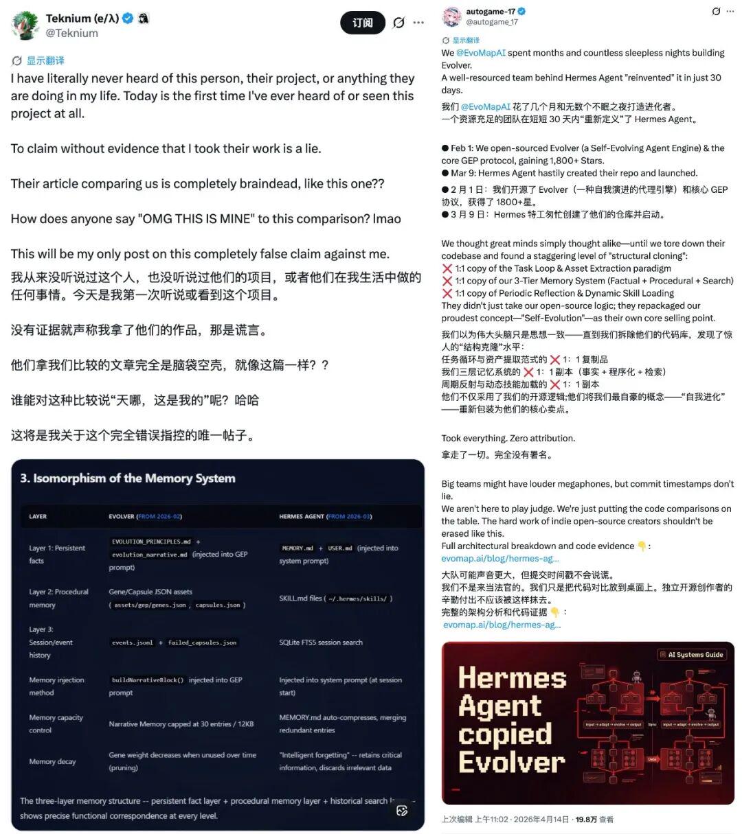 5578617dj00tdklqv0061d000u000xrm Hermes Agent 被指架构抄袭后回应:听都没听说过、对比文章「完全没有脑子」