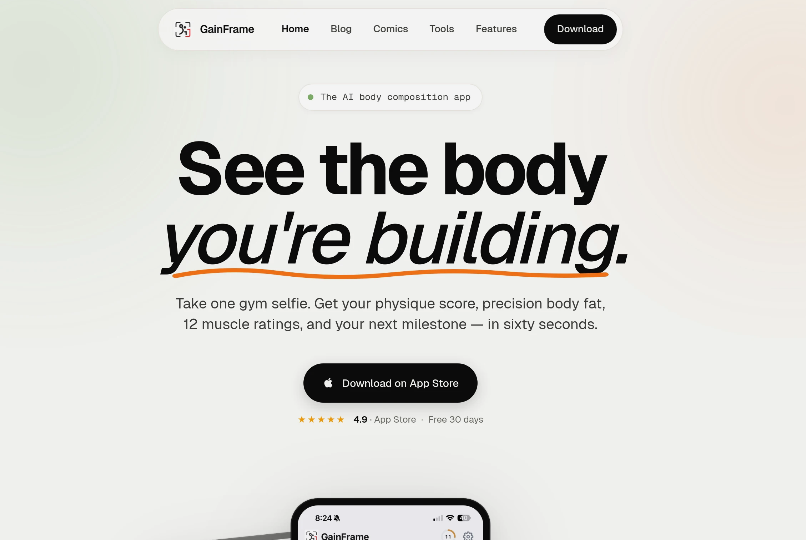 GainFrame：AI身体成分分析应用，通过照片提供精准体脂、12项肌肉评分及个性化报告