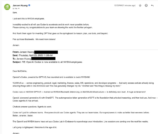 超万名员工用上 GPT-5.5，黄仁勋敦促英伟达内部全员使用 OpenAI Codex