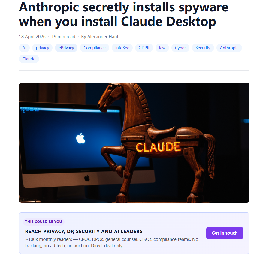 Anthropic Claude Desktop 被指未经用户授权，向 Chrome 等 7 款浏览器“静默安装间谍软件”