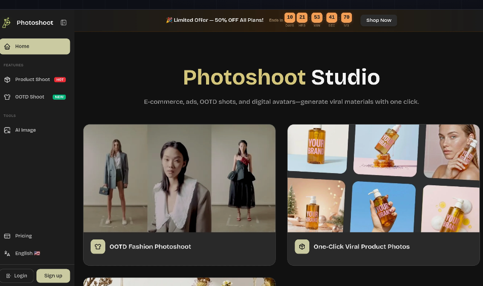 PhotoShoot：AI摄影工具，无需提示词即可一键生成电商产品图、OOTD穿搭照、个人头像等内容