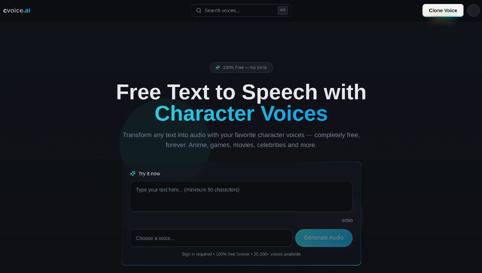 ca5b3886j00tfbqoz0049d000qs00f6p cvoice.ai:免费文本转语音平台,提供超过20,000种角色声音