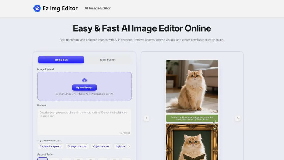 Ez Img Editor: a free, online AI image editor that removes objects, replaces background, produces professional images