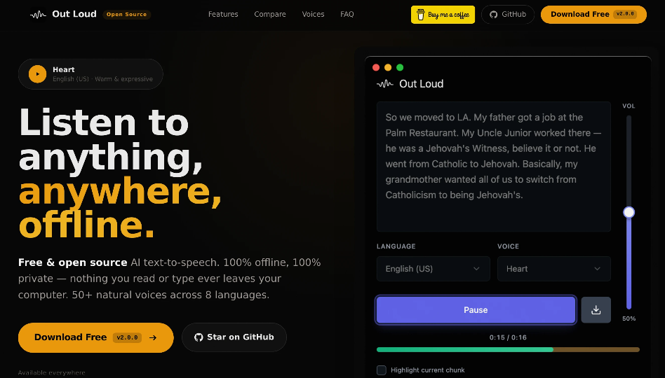 Out Loud: Free open source, off-line, off-line, ABS tool, supporting 50+natural voice, 8 languages
