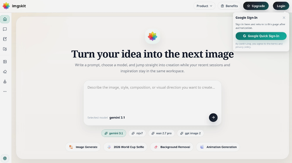 imgskit: One-stop AI image editing and generation platform, free of charge, AI image generation, background removal, pixel art conversion, elf table making, old photo colour etc