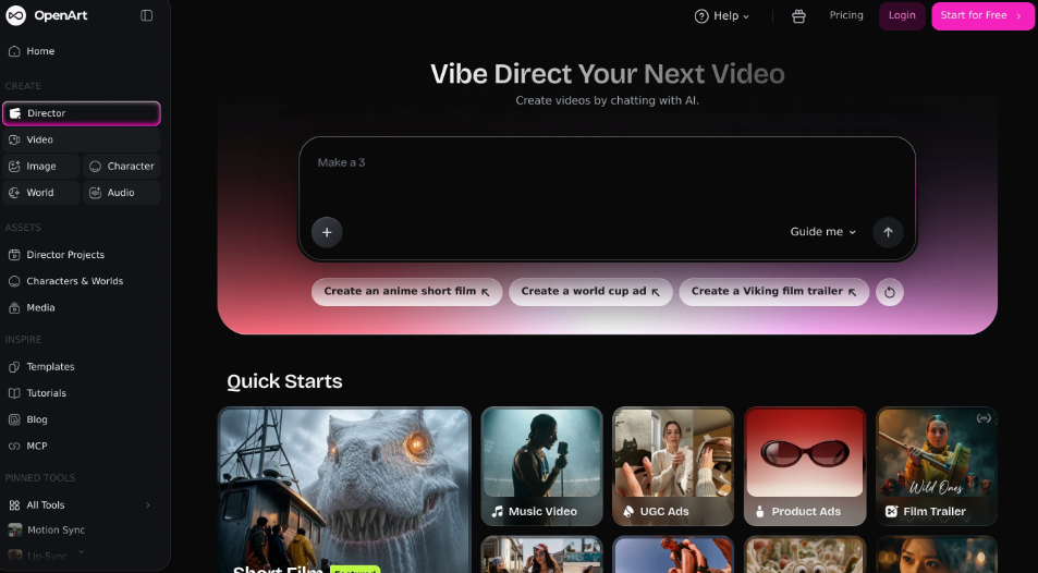 OpenArt Director: A video production site that generates short films, music videos, advertisements, etc. through AI chats