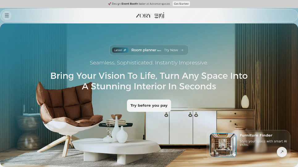 0ce732e5j00t9c5100h2d000qt00f2p Zory AI: AI-driven interior design and furniture smart website, which provides furniture search, sketch rendering, text generation, room redesign, etc