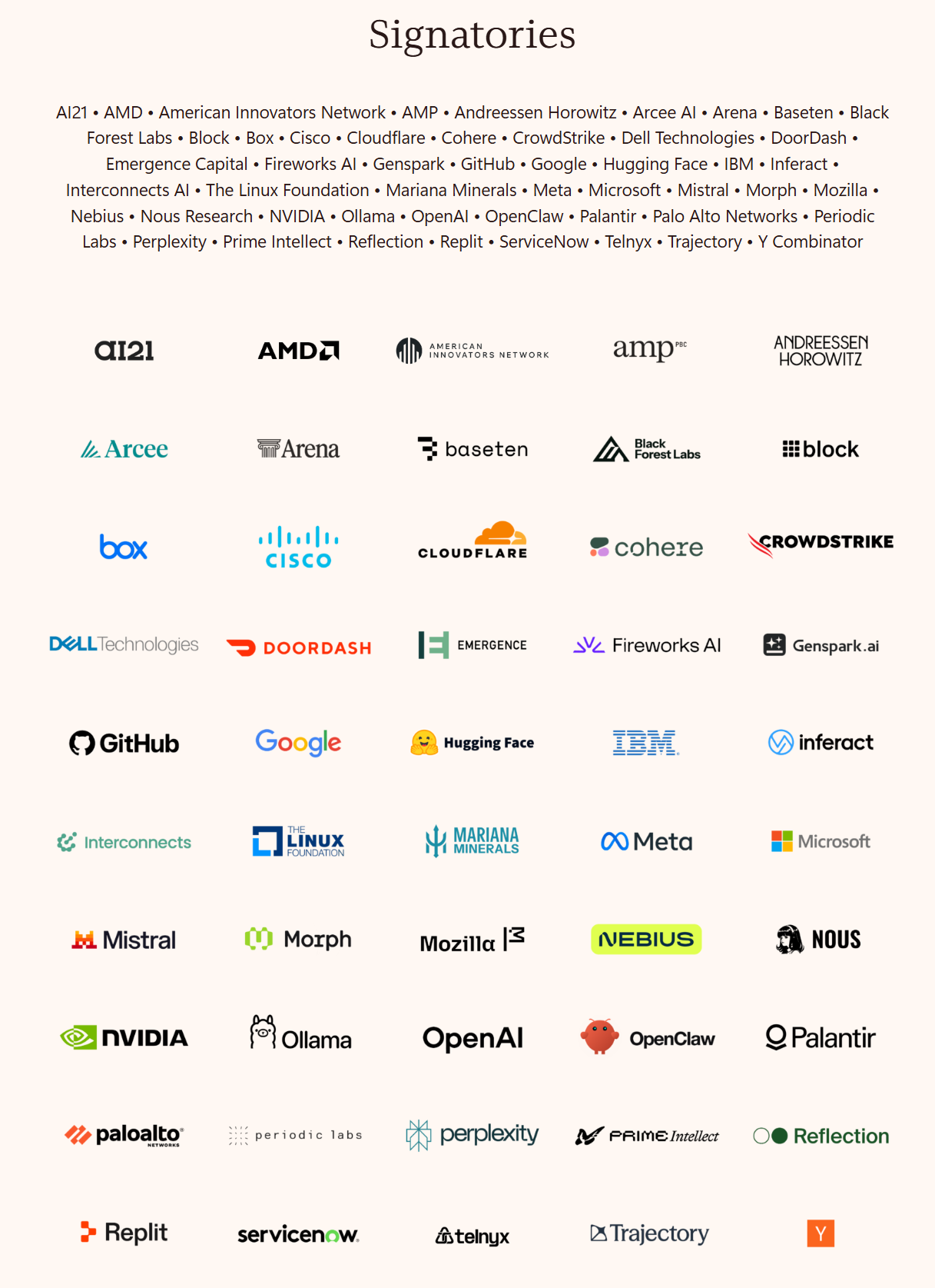Joined by Google, AMD, Cloudflare, signed up to 50 open letter organizations supporting AI open source model development