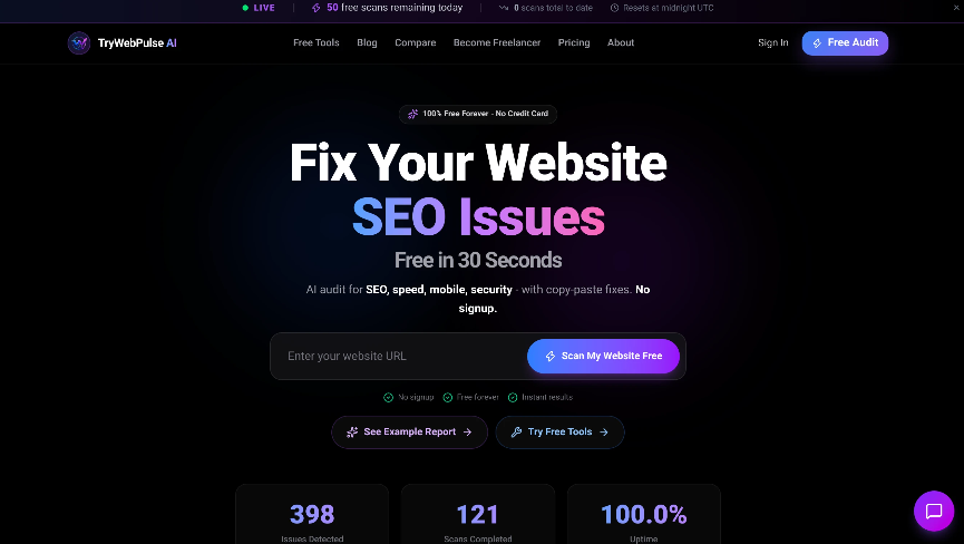 fbeb4952j00tix0zp0048d000o100dkp WebPulse AI:一款免费网站审计工具,提供即时 SEO、速度、移动和安全性分析。