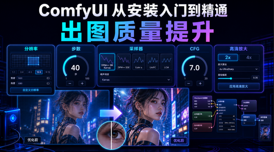 0ceea579j00tjl02n00m7d000p000dyp ComfyUI 从安装入门到精通,出图质量提升(分辨率/步数/采样器/CFG/高清放大)