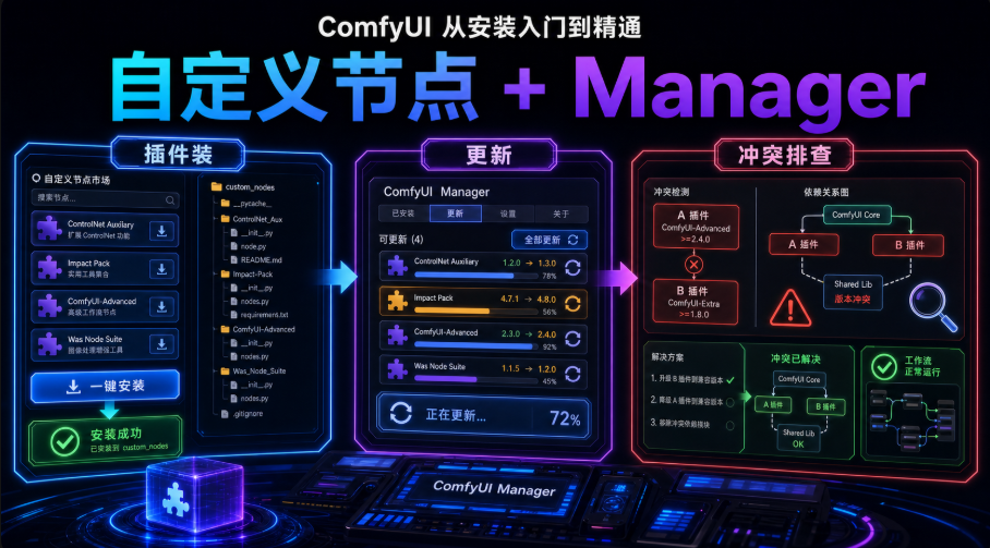 ComfyUI 从安装入门到精通，自定义节点 + Manager（插件装 / 更新 / 冲突排查）