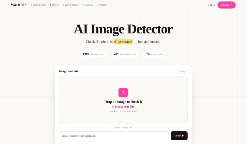 Was it AI：免费、即时、无需注册的AI图片检测，用于判断照片是否由AI生成的免费在线工具