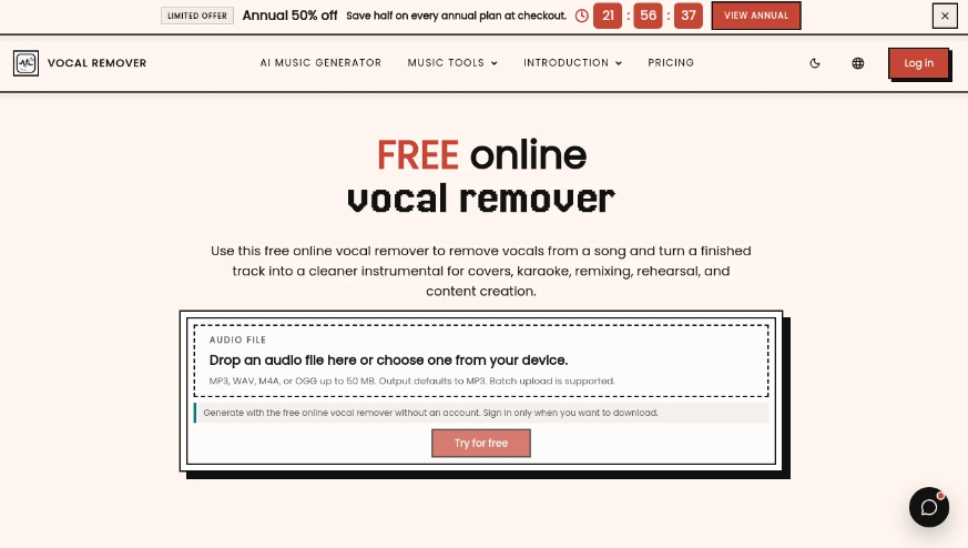Vocal Remover: An online human voice removal tool to separate the human voice from the accompaniment of a song with AI