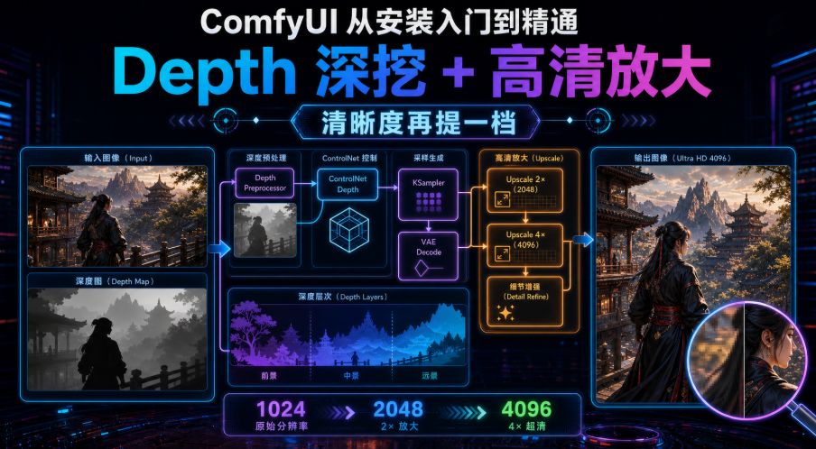 6668087dj00tjl4i000p0d000p400dup ComfyUI 从安装入门到精通,Depth 深挖 + 高清放大(清晰度再提一档)