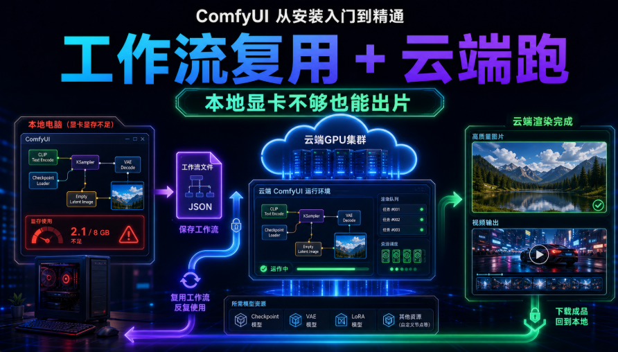 68bc142cj00tjlfsu00m3d000os00e4p ComfyUI 从安装入门到精通,工作流复用 + 云端跑(本地显卡不够也能出片)
