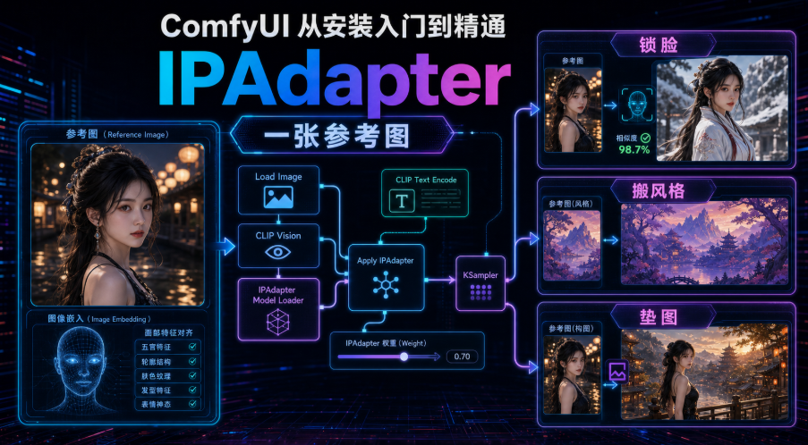 d53bba6aj00tjl5la00phd000p300dup ComfyUI 从安装入门到精通,IPAdapter,一张参考图锁脸、搬风格、垫图