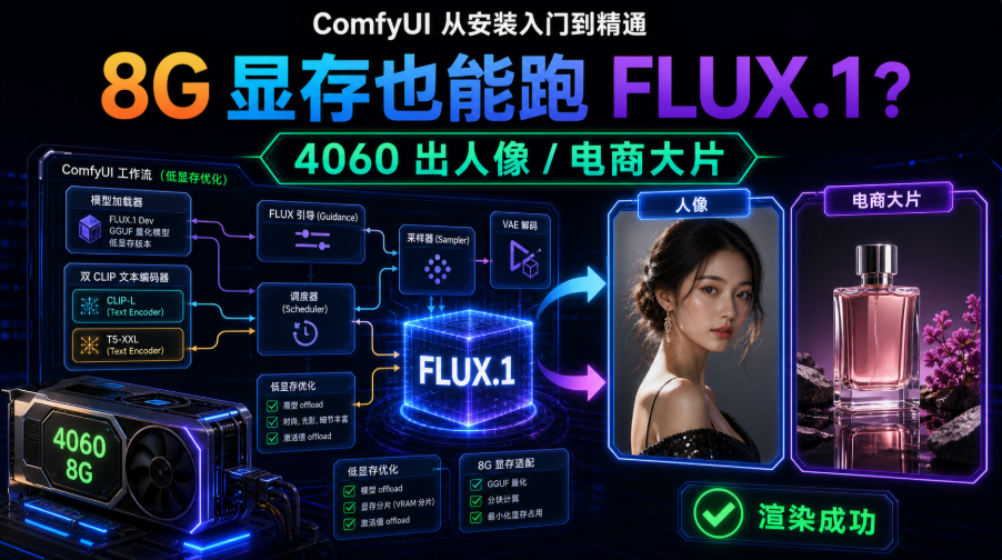 ComfyUI 从安装入门到精通，8G 显存也能跑 FLUX.1？ 4060 出人像 / 电商大片