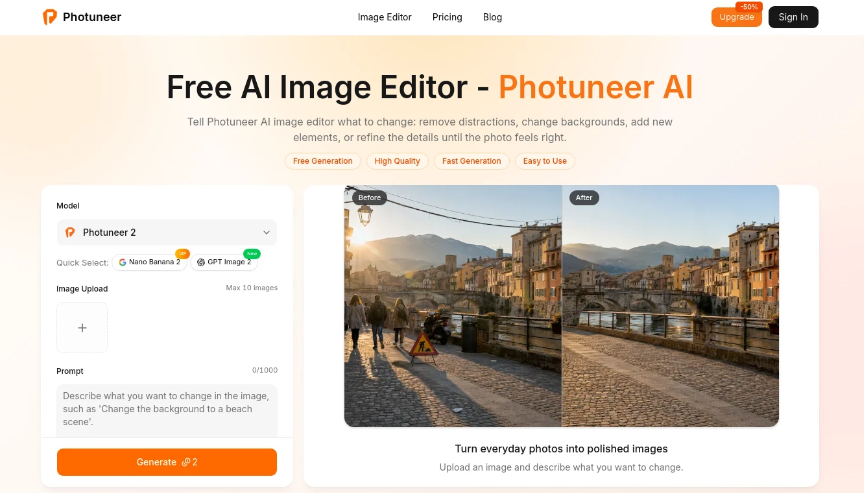 Photuneer：在线AI图像编辑与智能修图工具，提供背景替换、对象移除、添加元素及多图合成功能