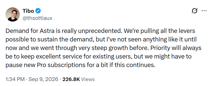 2ac7cb7j00tl4jix002id000o00a3p GPT-6 Astra has an unprecedented demand, OpenAI claims to suspend Pro 's new subscriptions if necessary
